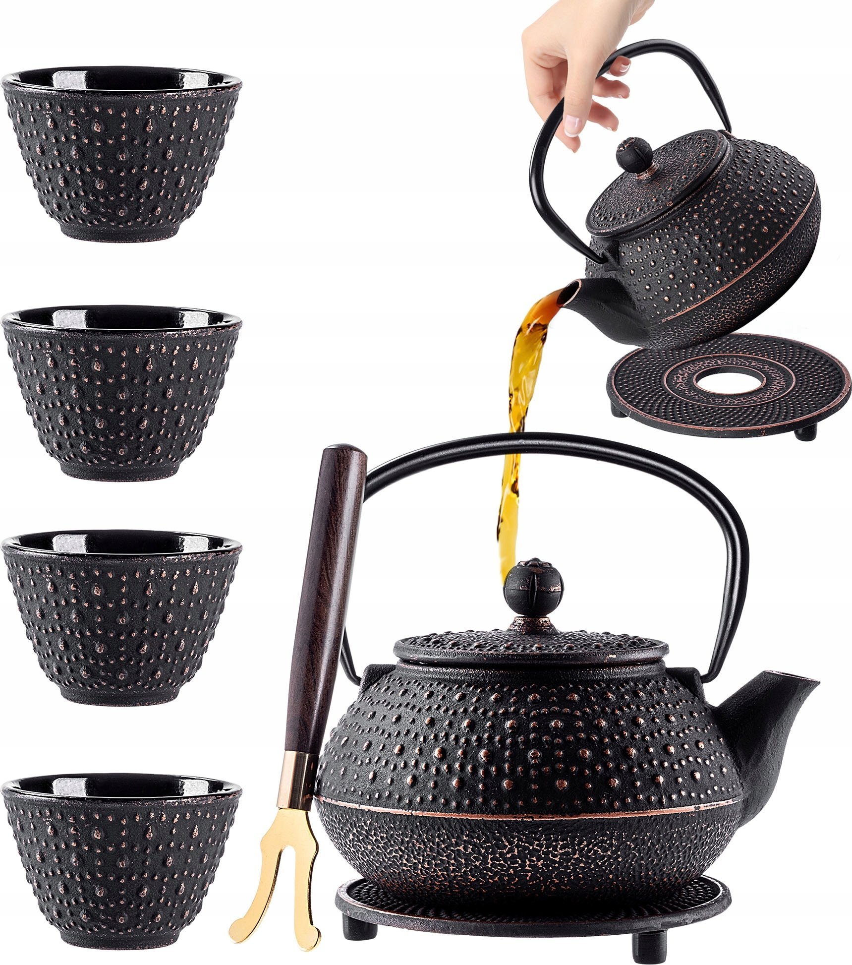 Kadax KADAX Czajnik Czarny 800ml Imbryk Żeliwny Do Herbaty Dzbanek + 4 Czarki