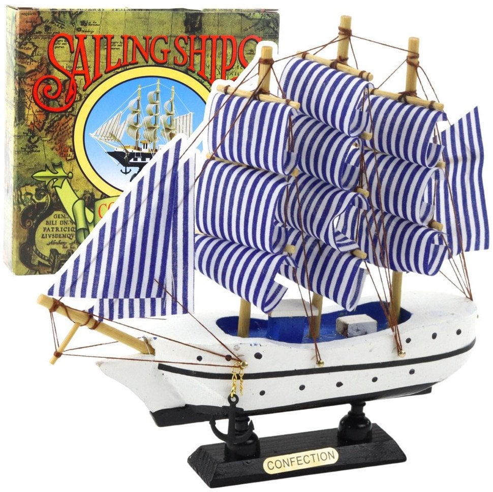 Model Kolekcjonerski Dekoracyjny Statek Żaglowiec Biało-Niebieski 18x17cm