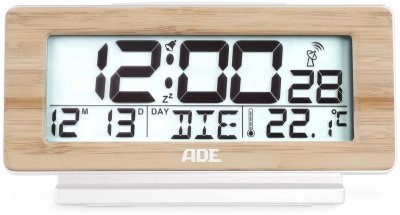 ADE Budzik elektroniczny z kalendarzem i termometrem, 12,5 x 4 x 8,5 cm, rama bambusowa