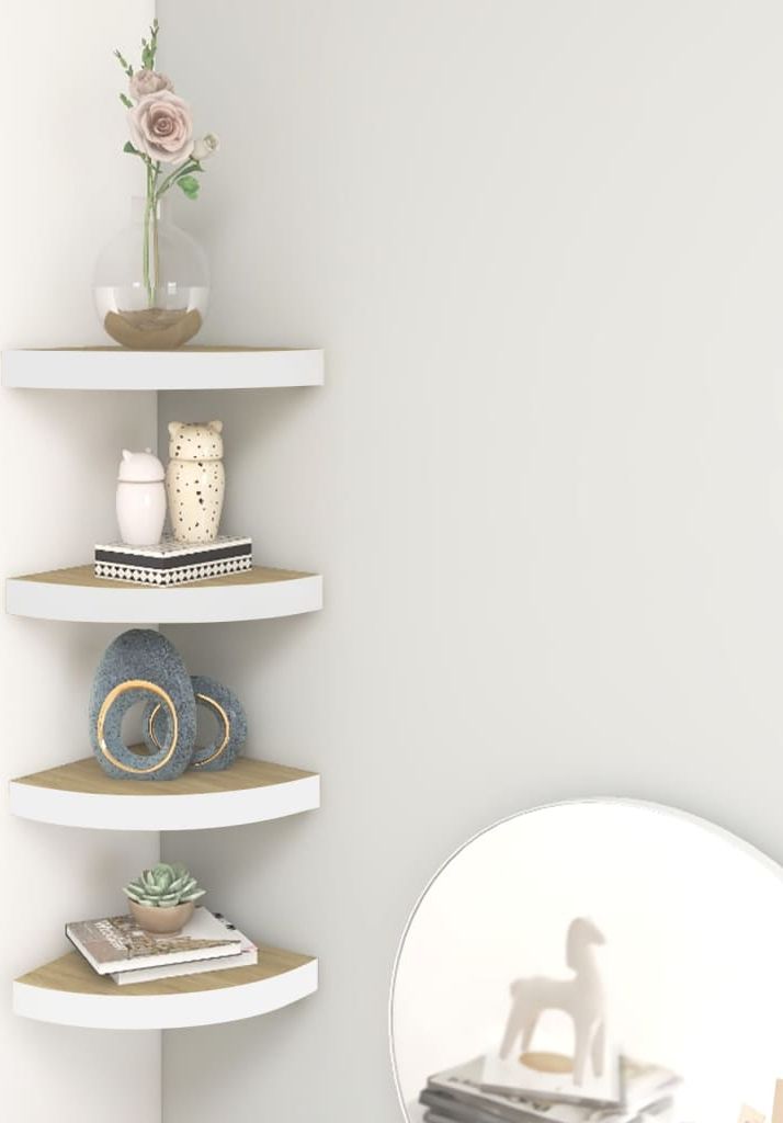 vidaXL Narożne półki ścienne, 4 szt., dąb i biel, 35x35x3,8 cm, MDF