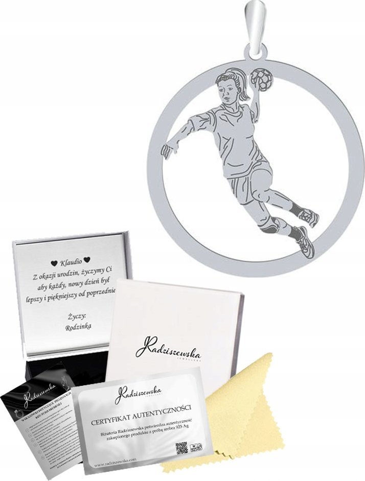 Radziszewska Jewellery Zawieszka Srebrna Piłka Ręczna Kobieta Prezent 925 GRAWER DEDYKACJA GRATIS