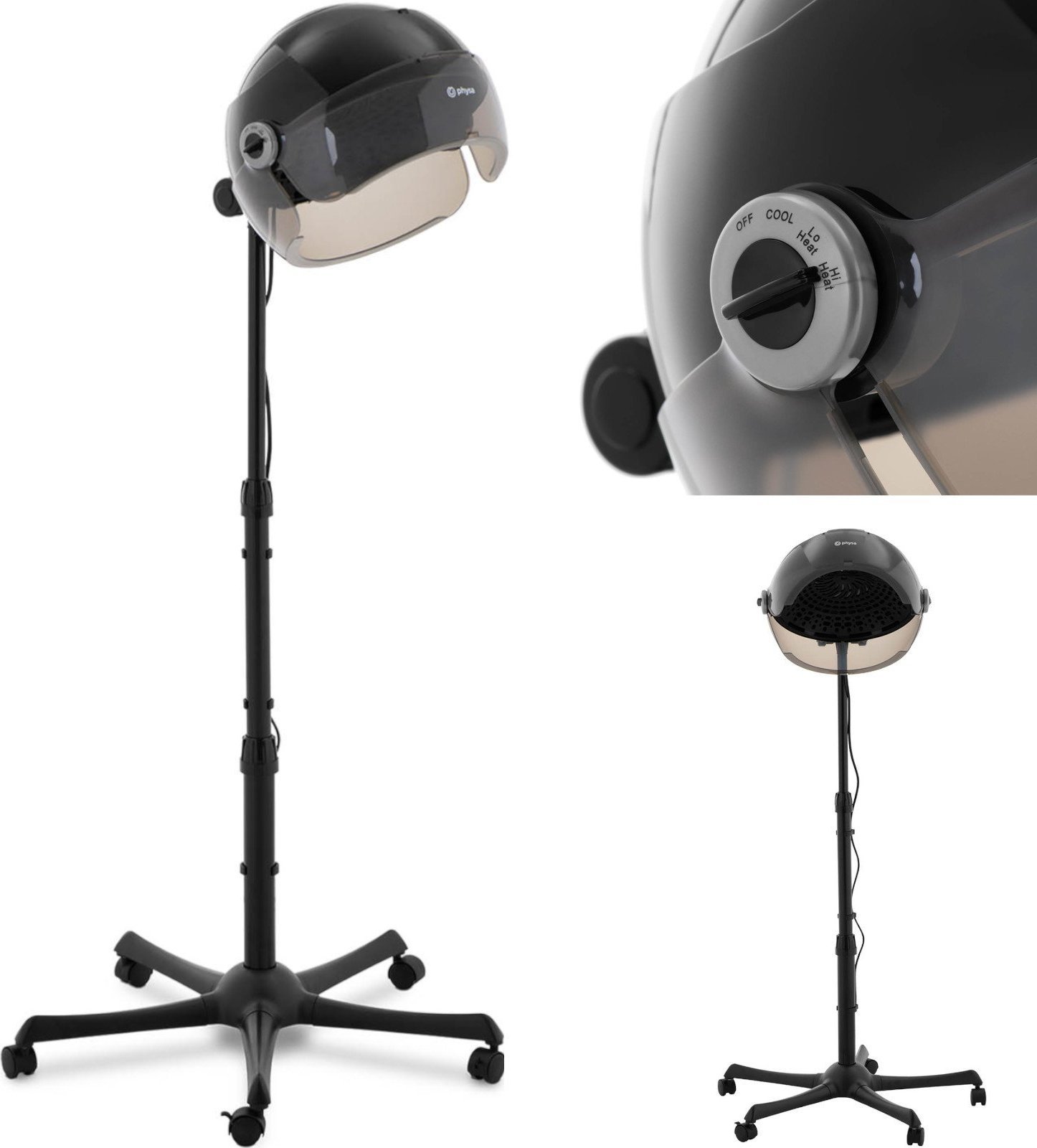 Physa Suszarka do włosów hełmowa fryzjerska stojąca na kółkach 1650 W czarna Suszarka do włosów hełmowa fryzjerska stojąca na kółkach 1650 W czarna