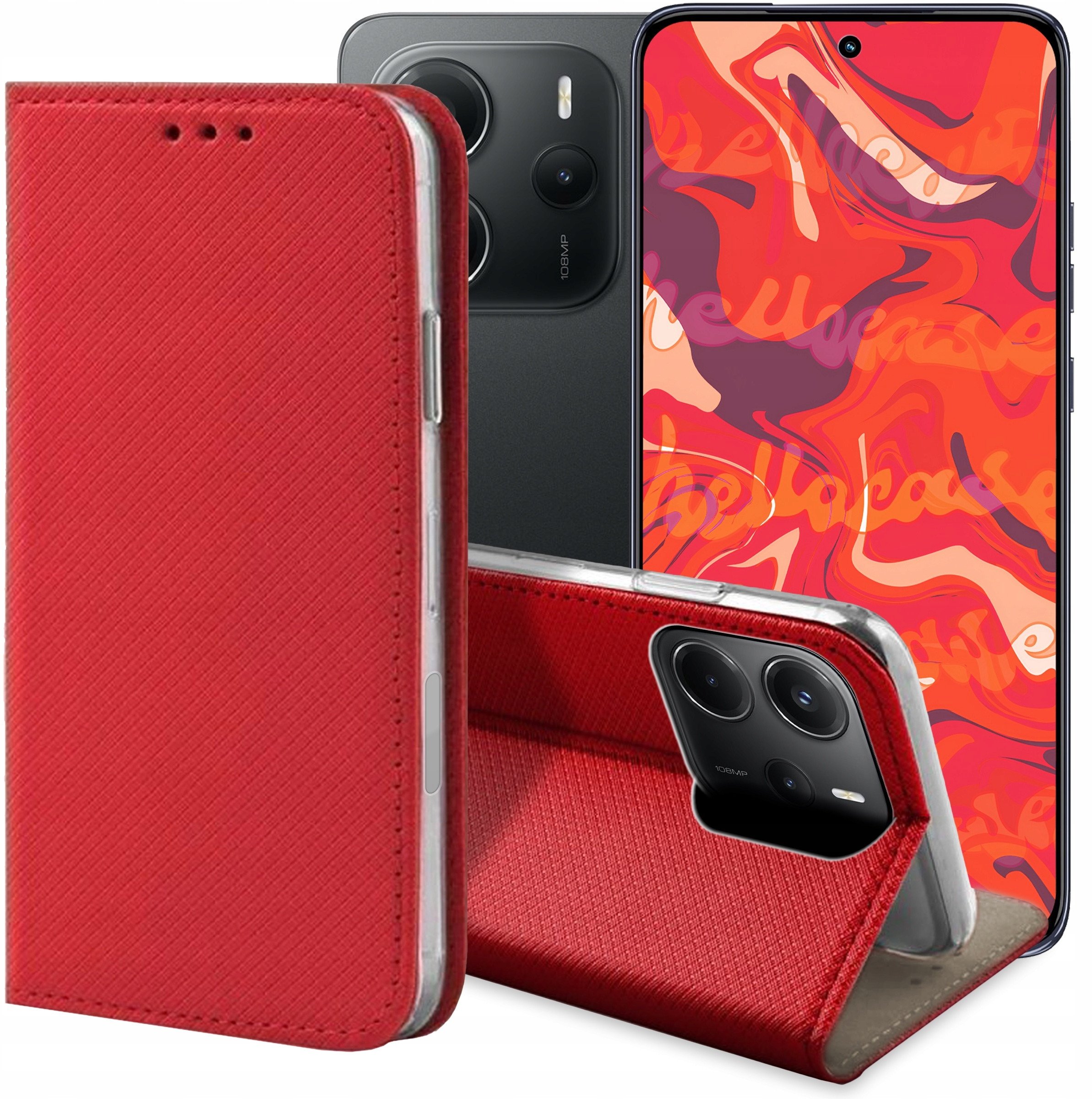ETUI Z KLAPKĄ DO XIAOMI REDMI NOTE 14 4G CZERWONE ZAMYKANE MAGNETYCZNE CASE
