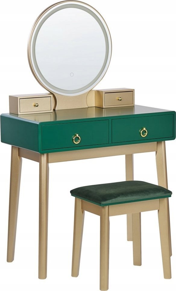 Beliani Toaletka 4 szuflady lustro LED ze stołkiem zielono-złota FEDRY
