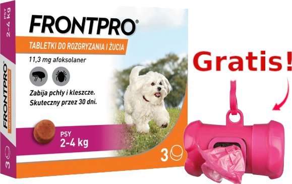 Frontline Frontpro tabletki na pchły i kleszcze S 11,3mg 2-4kg x 3tabl + Frontline Dozownik na woreczki GRATIS!