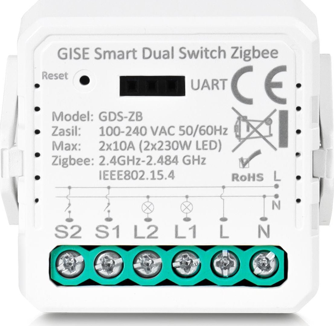 Gise GISE Smart Dual Switch no neutral Zigbee | Podwójny moduł przekaźnikowy Zigbee | GDS-ZB-NN