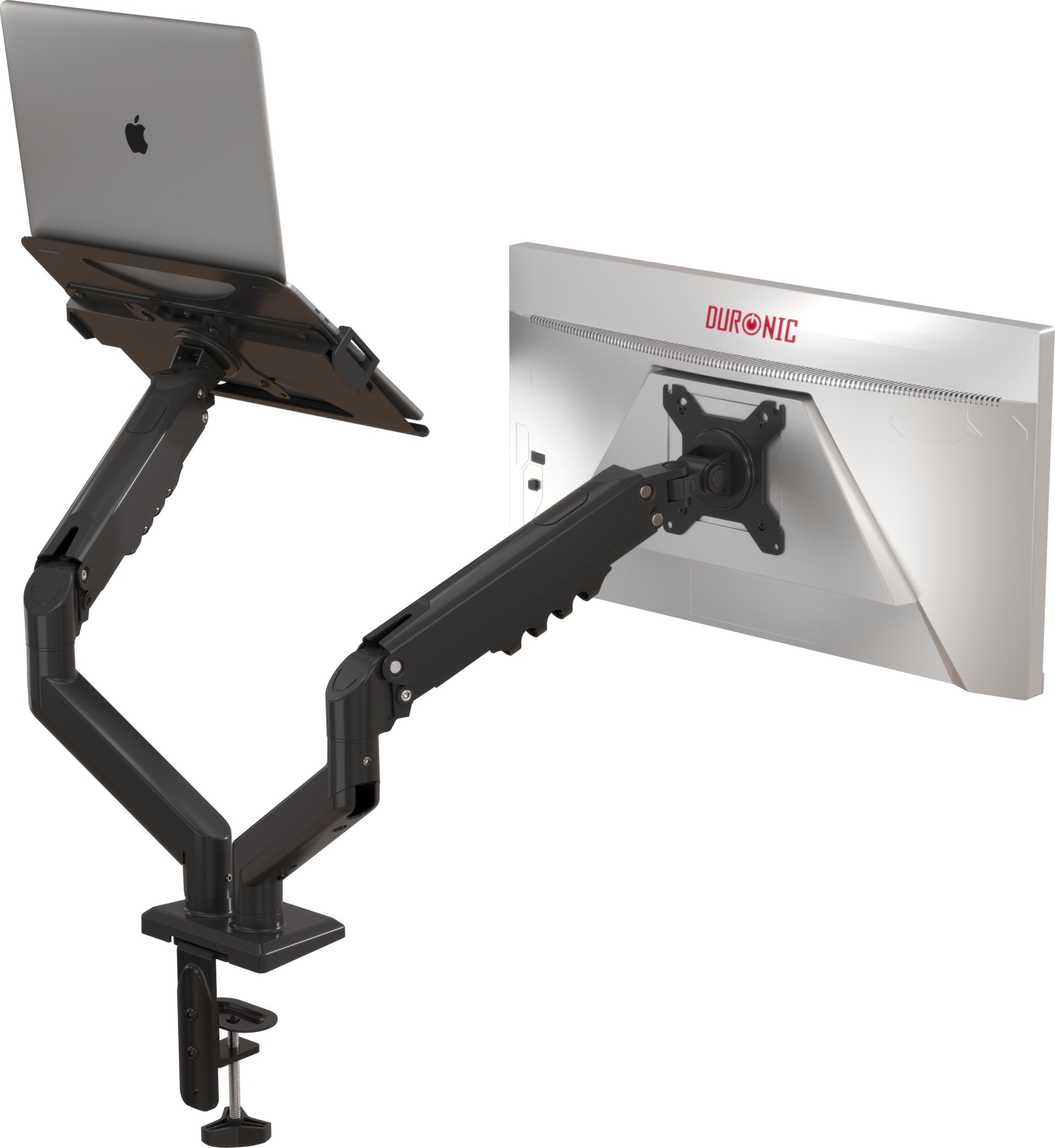 Duronic DM6AL1 ramię do monitora 1332 cali z uchwytem na laptopa nośność 9 kg regulacja 360 sprężyna gazowa montaż biurkowy stojak obrotowy