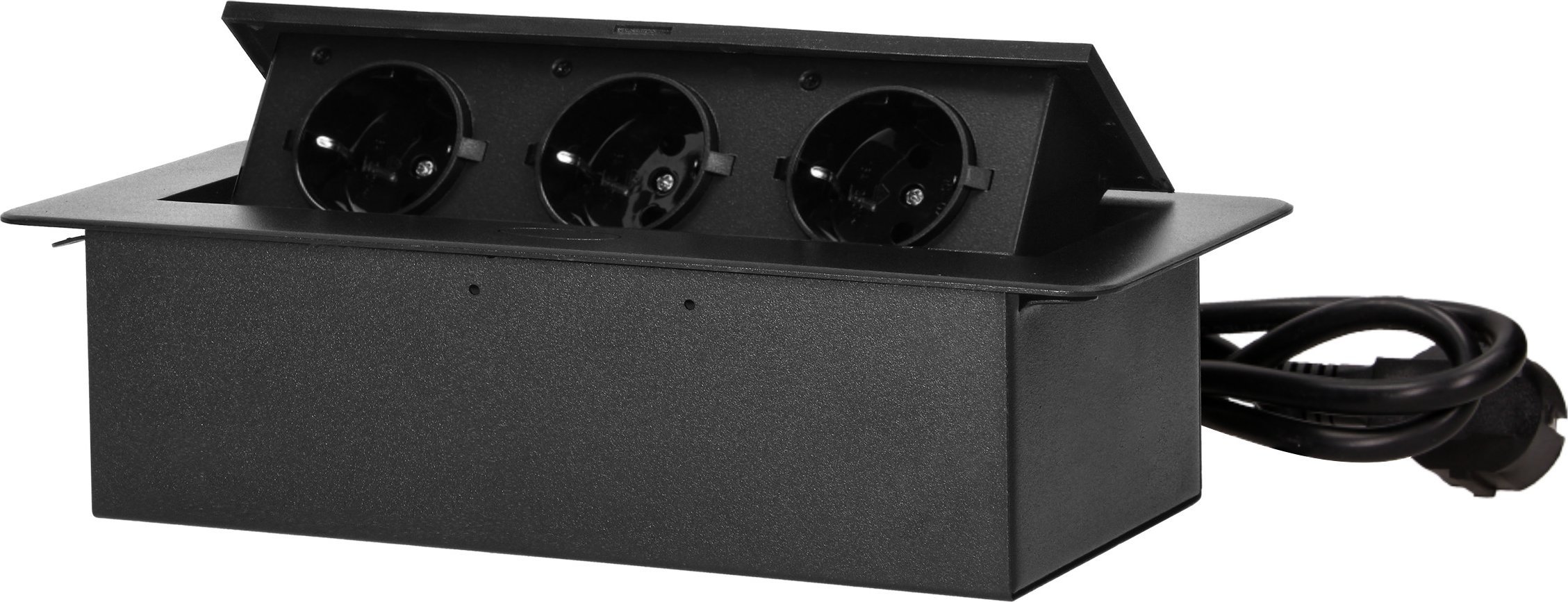 Orno Gniazdo meblowe wpuszczane w blat z płaskim frezowanym rantem i pełną spodnią zabudową oraz przewodem 1,5m, 3x2P+Z (Schuko), czarne