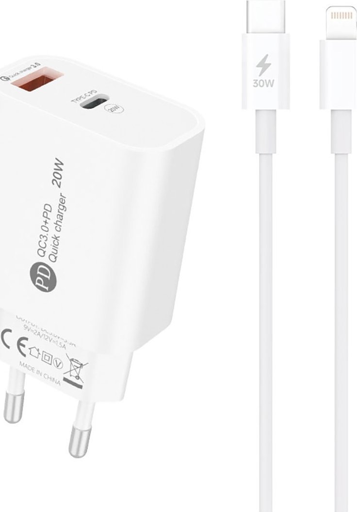Ładowarka sieciowa A6MaxL 20W USB-A USB-C z kablem USB-C - Lightning 1m - biała