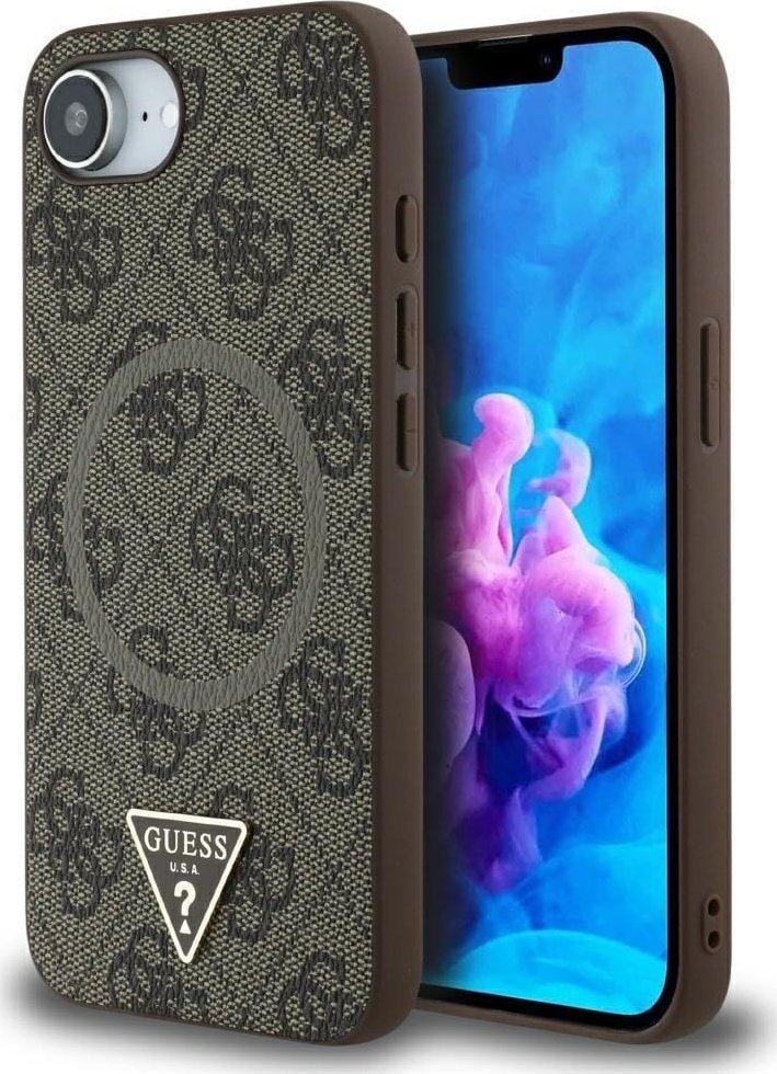 Etui Guess 4G Ring Triangle Logo MagSafe do iPhone 16e brązowy