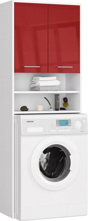 Elior Słupek łazienkowy nad pralkę z półkami biały + czerwony połysk - Rikero 4X