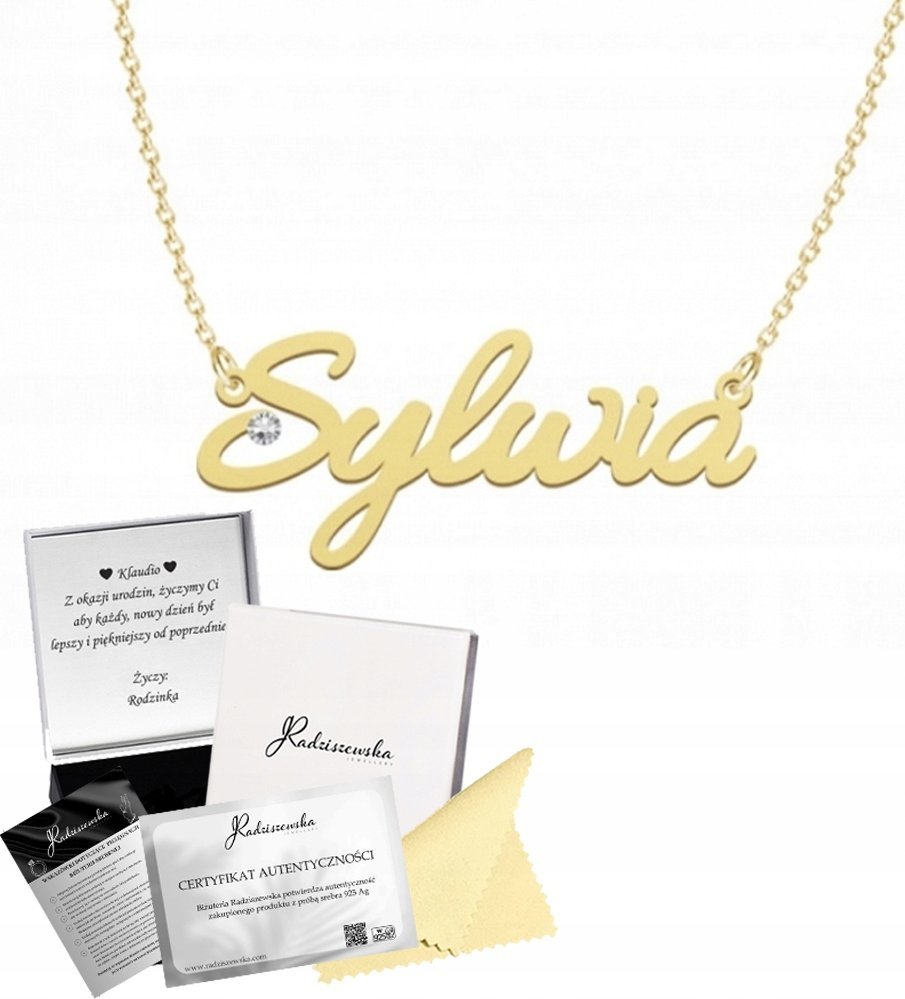Radziszewska Jewellery Złoty Naszyjnik z Imieniem Sylwia Łańcuszek Srebro 925 DEDYKACJA GRATIS