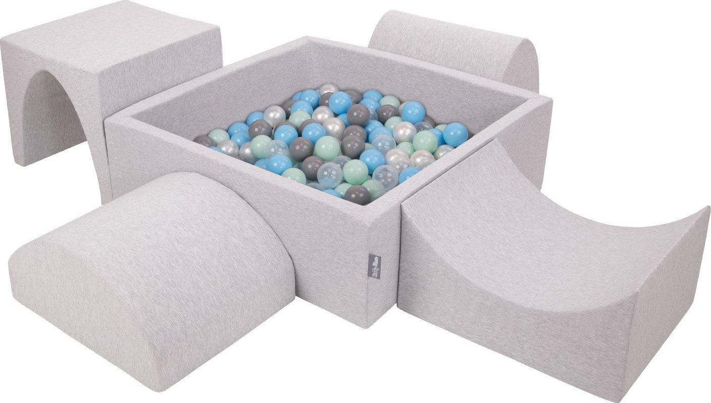 KiddyMoon Piankowy plac zabaw PPZP-KW30D-135 z piłeczkami jasnoszary: perła-szary-transparent-babyblue-mięta basen 300/górka/tunel/rampa L/półwałek L