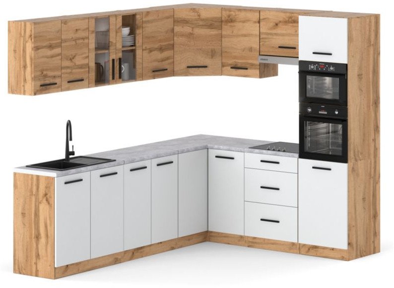 Kuchnia Nowoczesna Z Blatem Pojemna Narożna 4.6m Wotan Dąb Wotan Biały Mat