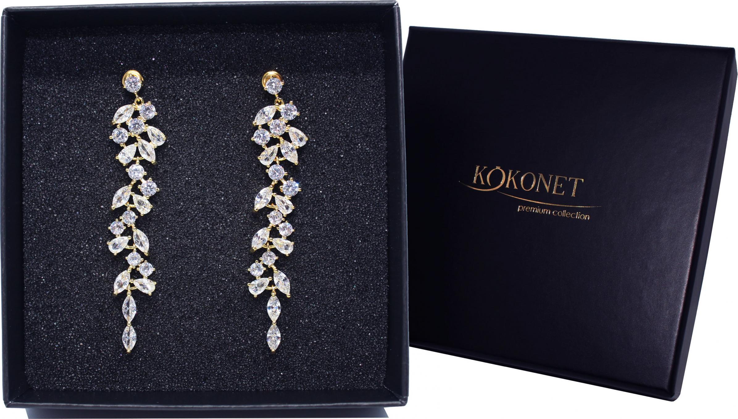 KOKONET KOLCZYKI długie ślubne WISZĄCE gold listki FLORAL