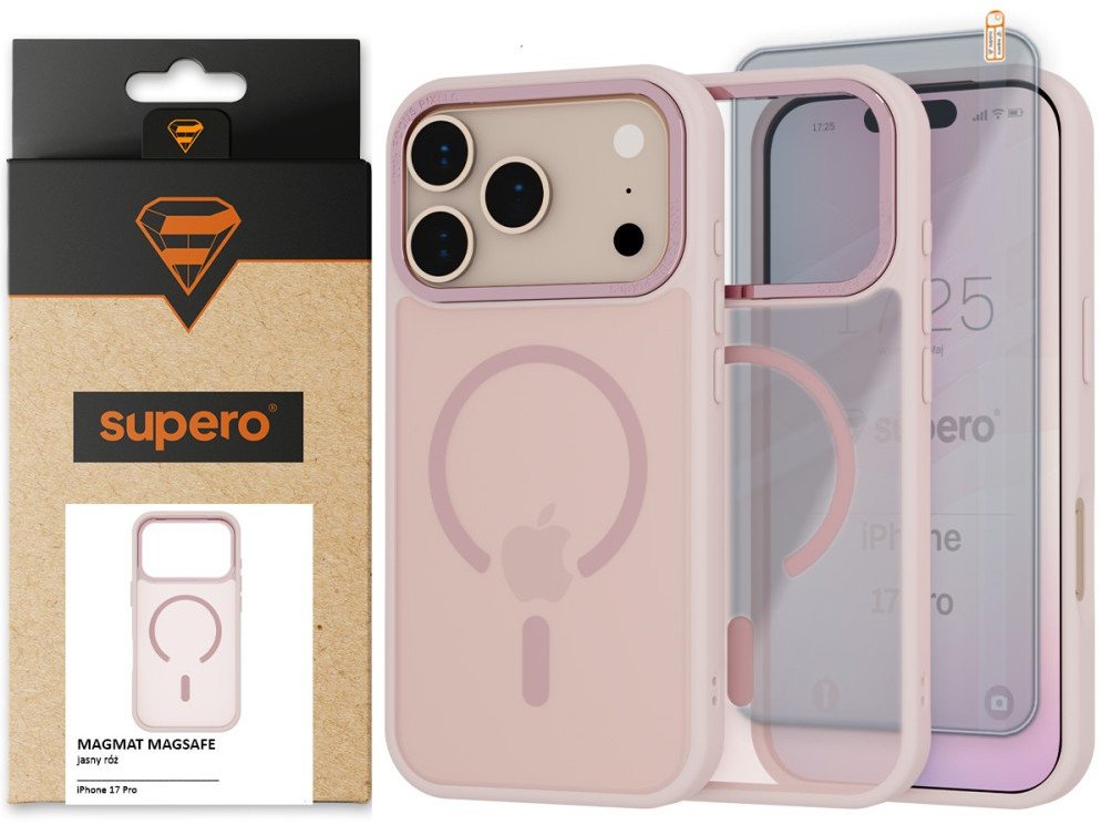 Etui matowe Supero Magmat MagSafe do iPhone 17 Pro, pudrowy róż + szkło