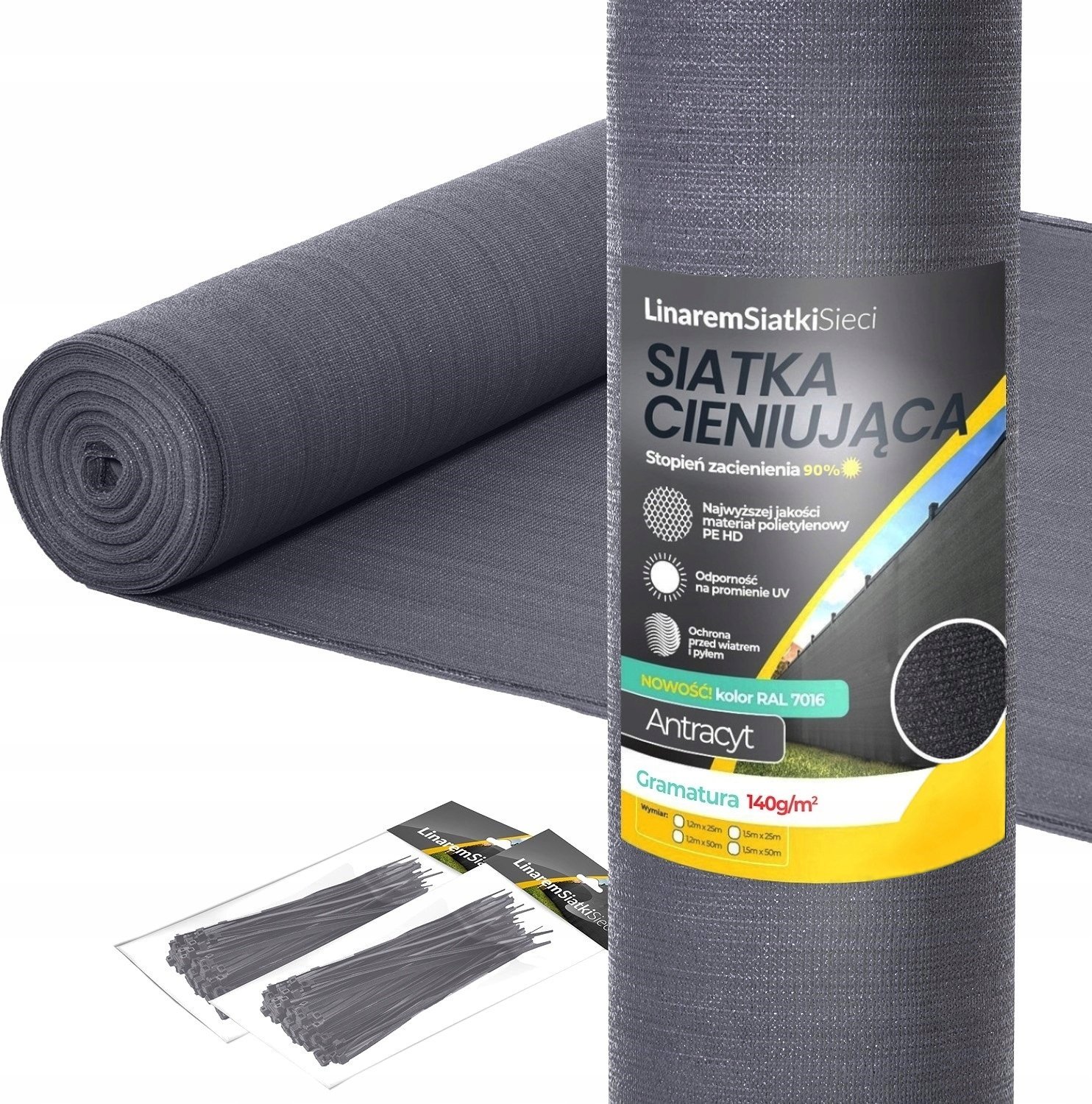 Linarem SiatkiSieci SIATKA CIENIUJĄCA 1,5x50m MASKUJĄCA 90% OSŁONA MATA NA OGRODZENIE PŁOT +UV