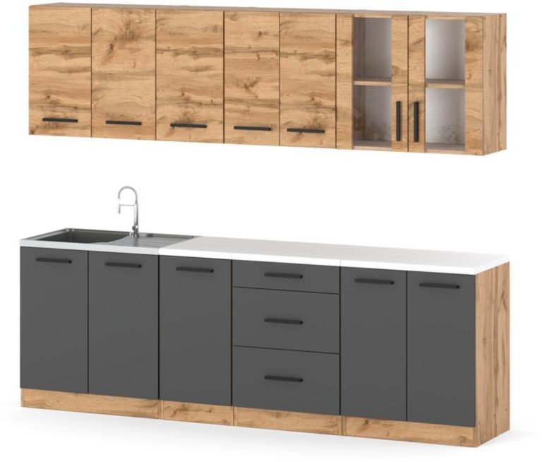Kuchnia Modułowa Duża Pojemna Blat Drewniana 2.6m Wotan Dąb Wotan Szary Mat