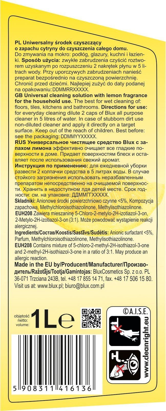 BluxCosmetics Uniwersalny środek czyszczący o zapachu cytryny 1L