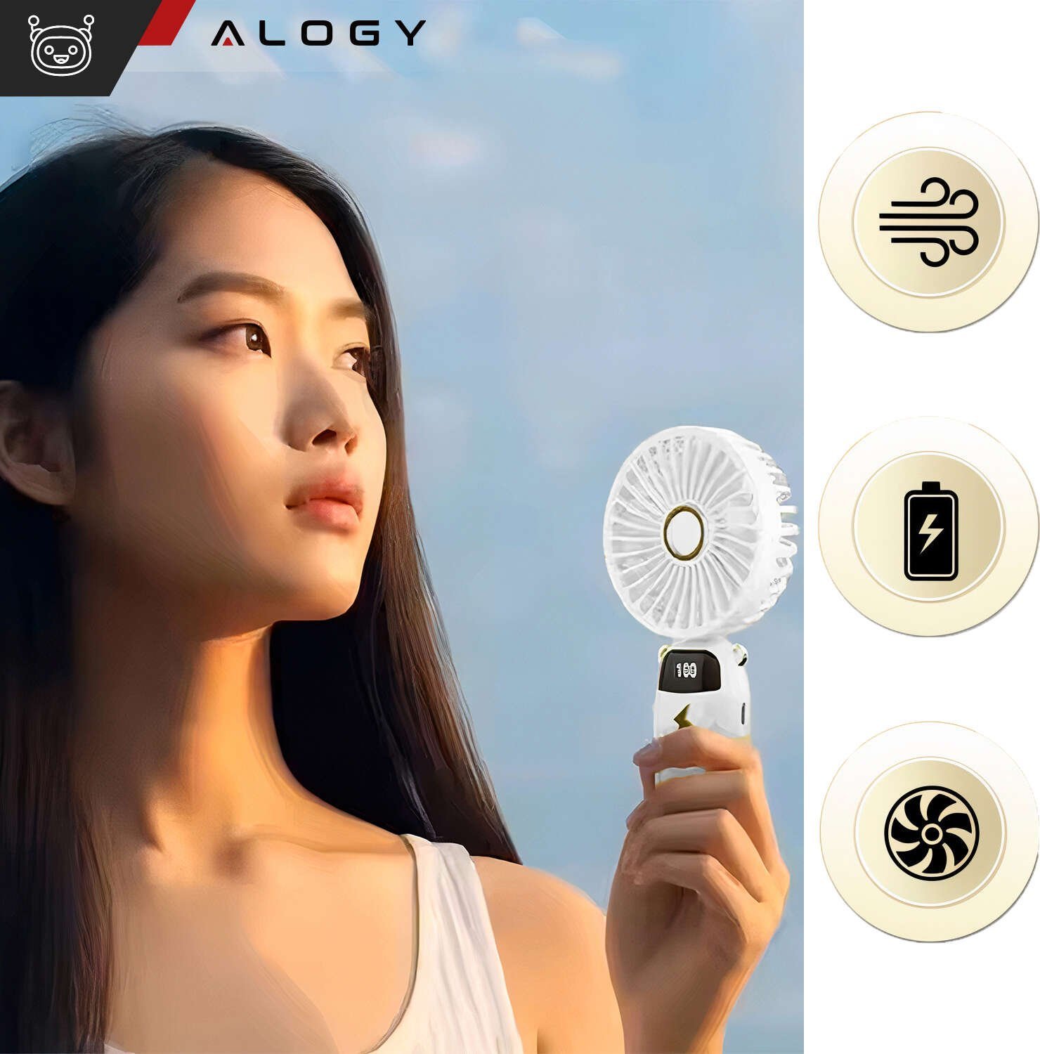 Wentylator USB Alogy Wentylator wiatrak wiatraczek ręczny biurkowy Alogy bezprzewodowy przenośny stojący z podstawką na telefon biały