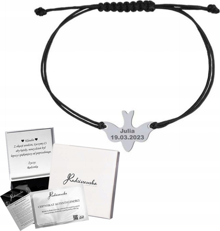 Radziszewska Jewellery Bransoletka Srebrna Gołębica Duch Święty 925 Sznurek Prezent GRAWER GRATIS