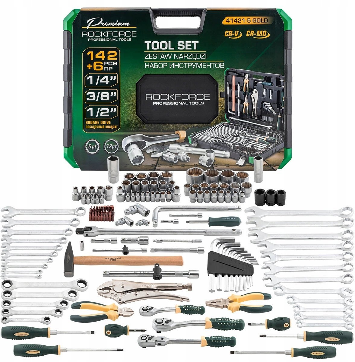 Zestaw narzędzi 142+6el. 1/4", 3/8" i 1/2" (6-kątnych i 12-kątnych) (4-36mm)