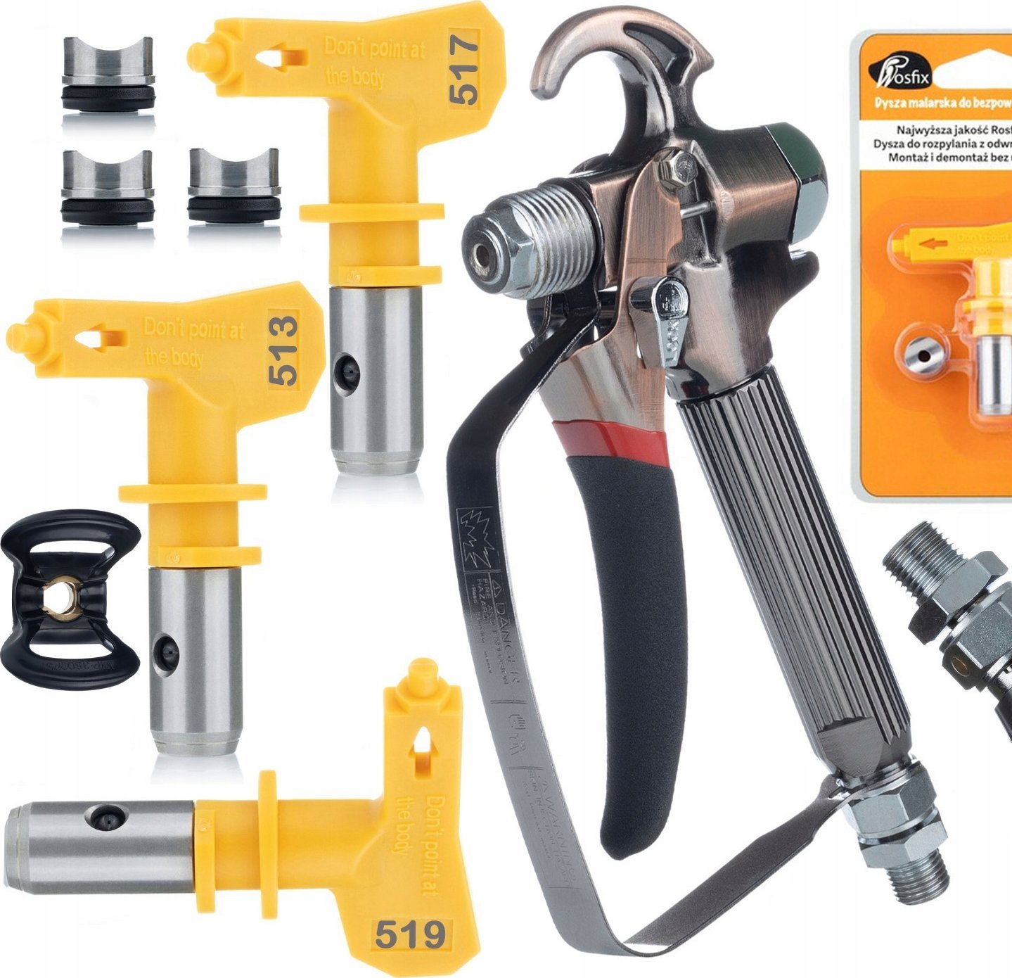 Rosfix Rosfix Pistolet do agregatu malarskiego Rosfix TurboJet TJ1 + Dysza Malarska Rosfix Ultra Spray Model 513, 517, 519