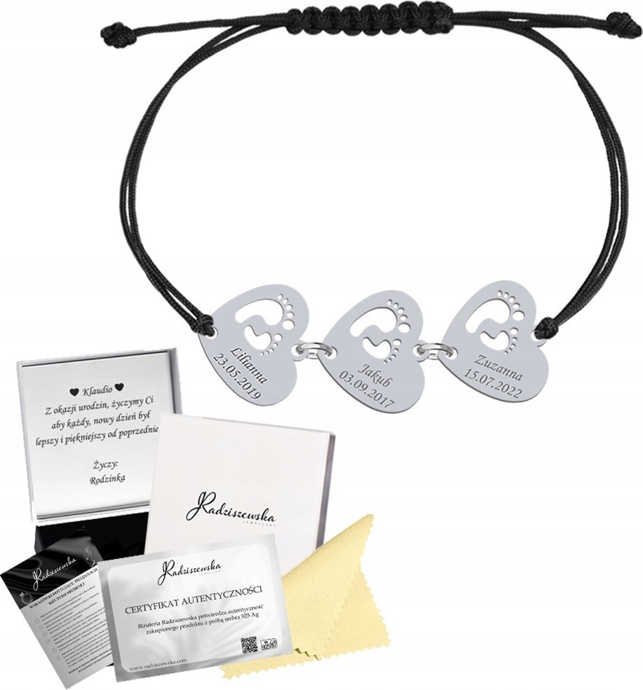 Radziszewska Jewellery Bransoletka Srebrna STÓPKI SERCE Imię Dziecka Prezent Dzień Matki 925
