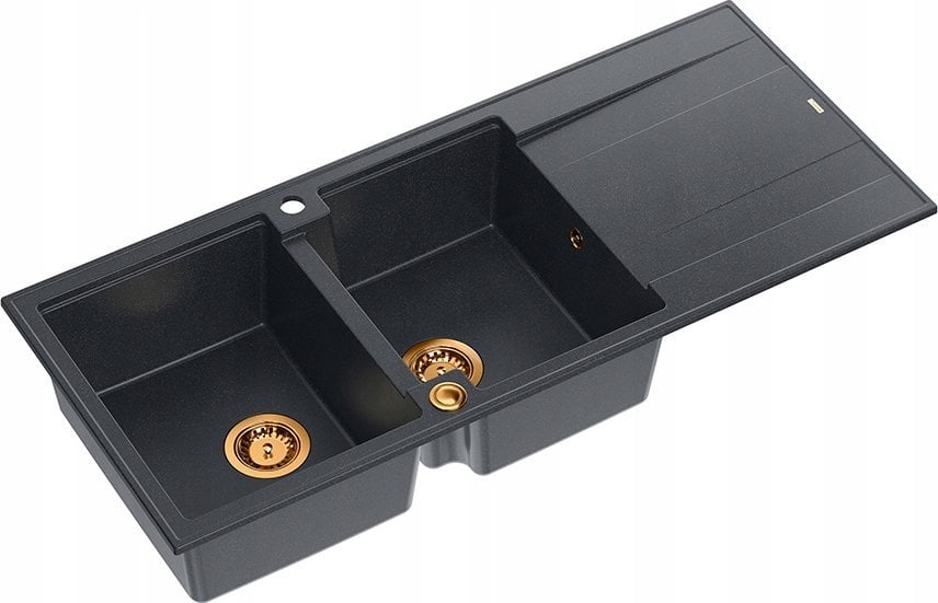 Zlewozmywak GraniteQ EVAN 121 GraniteQ zlewozmywak z syfonem Push To Open 2-komorowy z/o (1160x500x210; kom. 420x340) black diamond / elementy miedzia