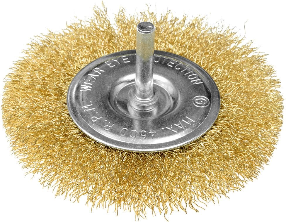 Szczotka druciana tarczowa 100 mm, drut karbowany, mosiądzowany, z trzpieniem 6 mm