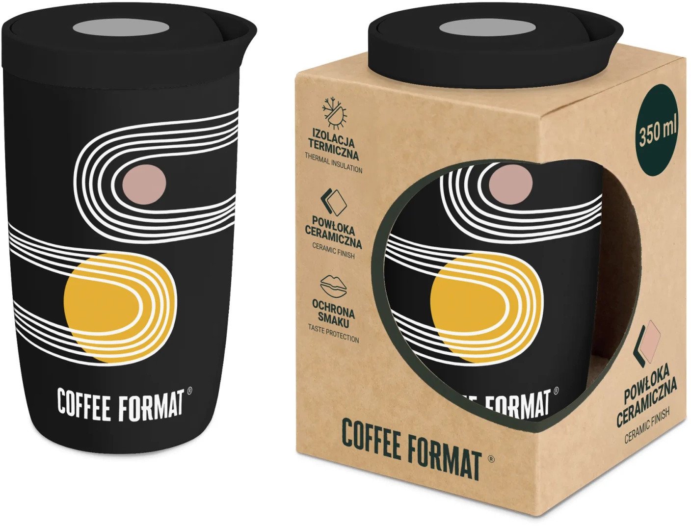Coffee Format Czarny kubek termiczny z nadrukiem 350 ml