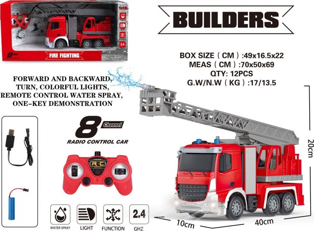 Ramiz Zdalnie sterowany wóz straży pożarnej 1:12 dla dzieci 3+ Wąż strażacki + interaktywne funkcje