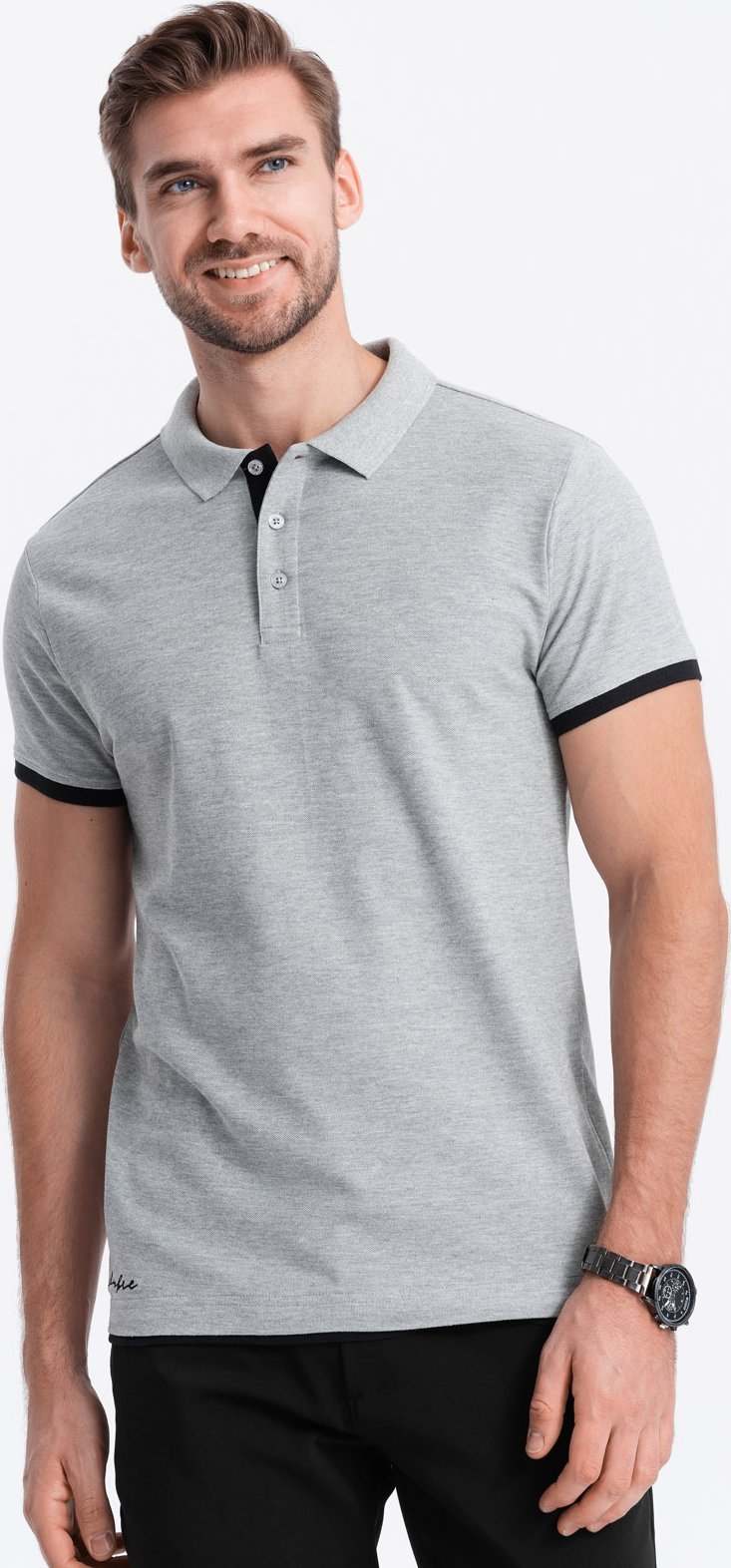 Ombre Bawełniana koszulka męska polo z kontrastowymi wykończeniami szara V7 OM-POSS-0113 S