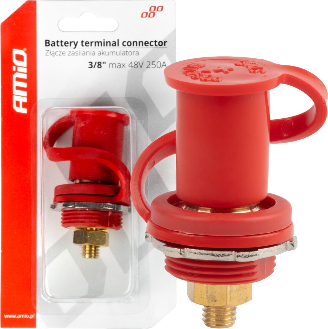 AMiO Złącze zasilania akumulatora czerwone plus z zaślepką 3/8 m10 12v 24v 48v 250a amio-03814
