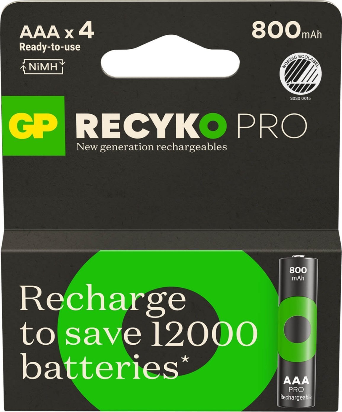 GP GP ReCyko Pro Rechargeable Battery, Size AAA, 800 mAh, 4-pack