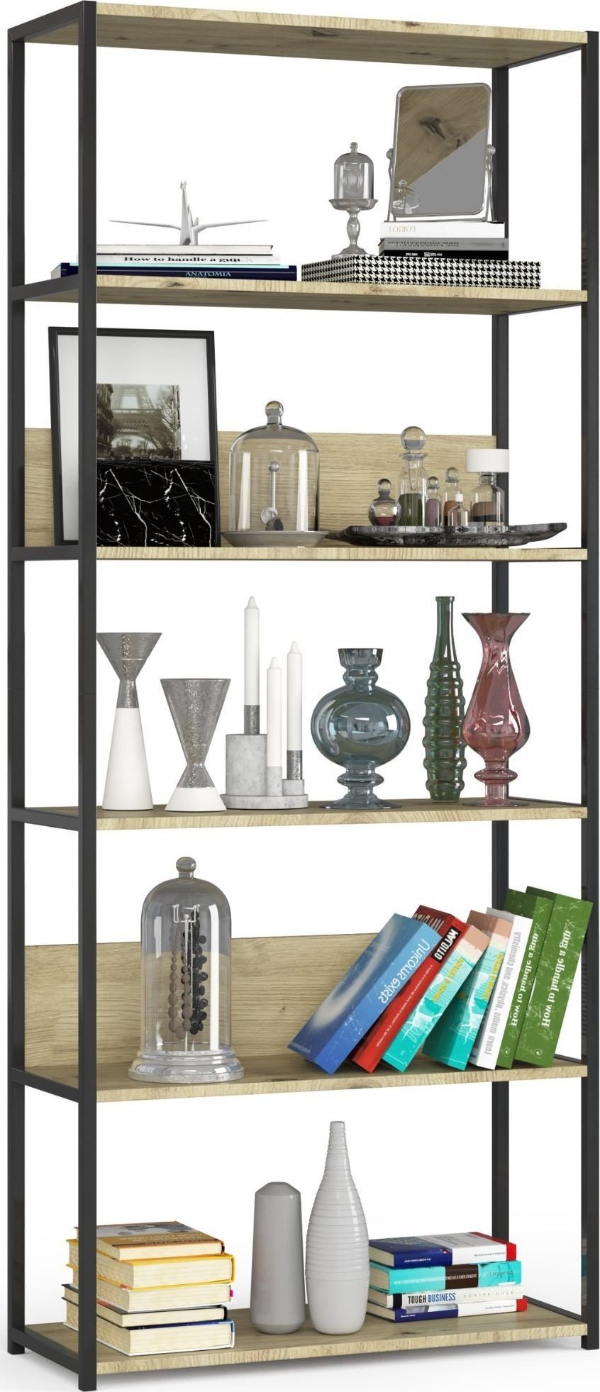 Fabryka Mebli Akord Regał industrialny metalowy 80 cm - czarny-dąb artisan - 6 półek