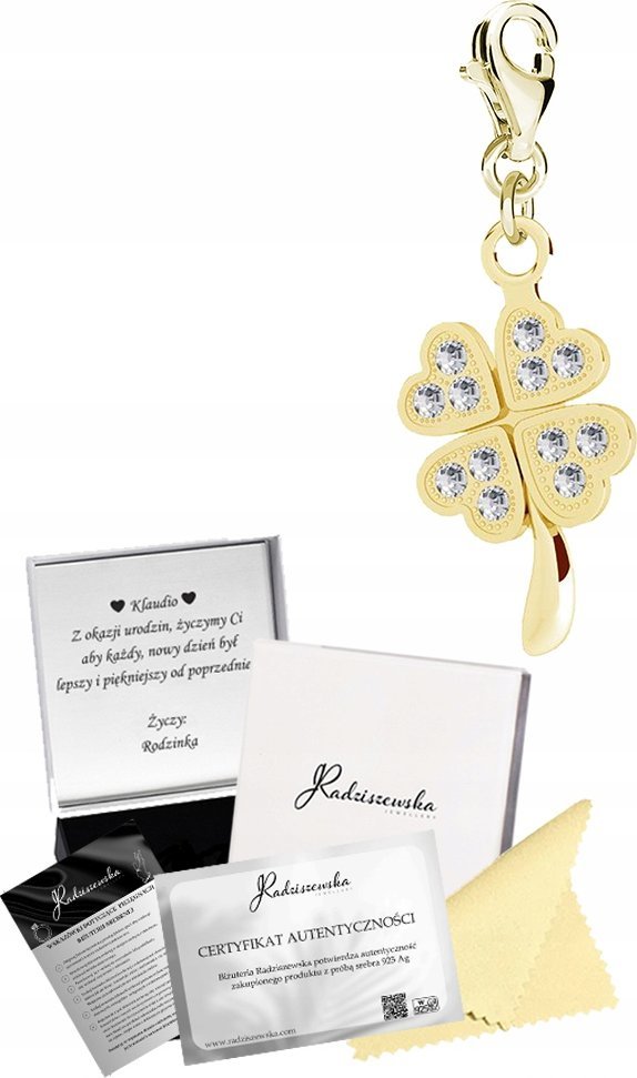 Radziszewska Jewellery Charms Złoty z Koniczynką na Szczęście SREBRO 925 Prezent Biżuteria