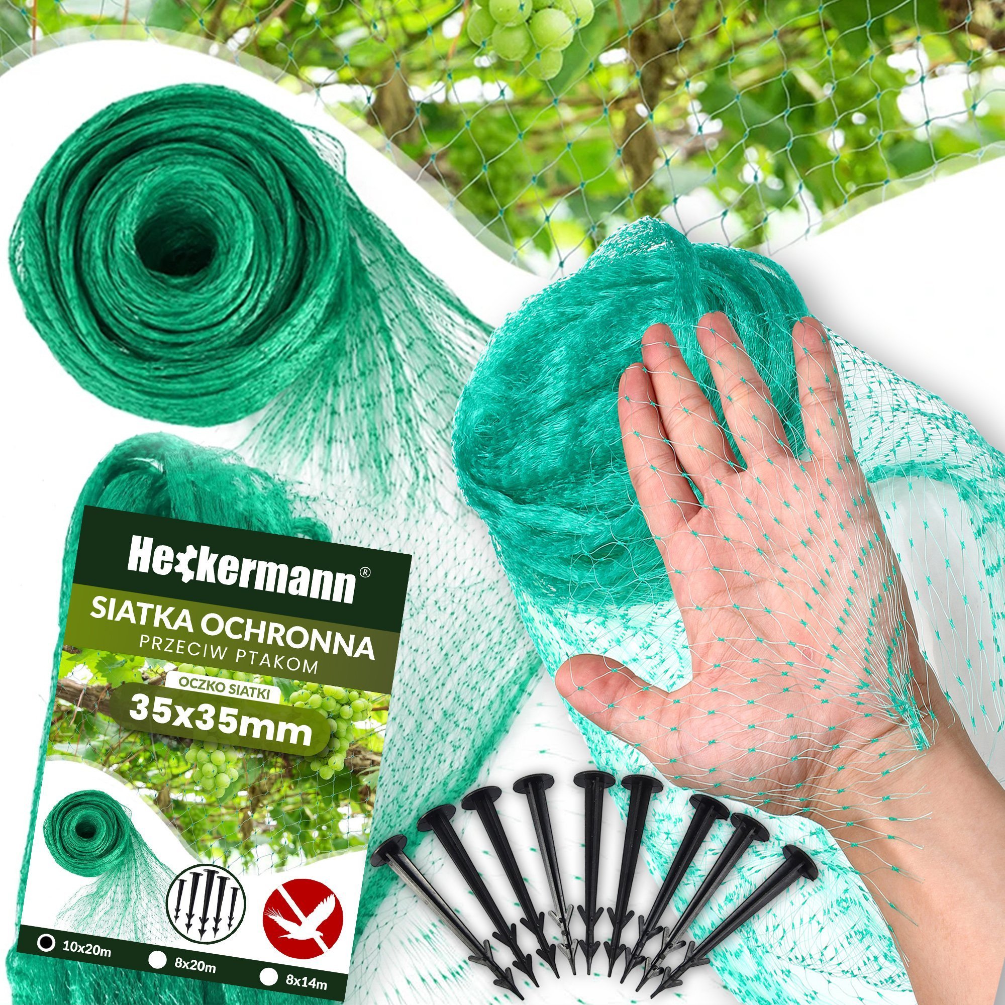 Heckermann Siatka ochronna na ptaki przeciw ptakom Heckermann + szpilki 10x20m