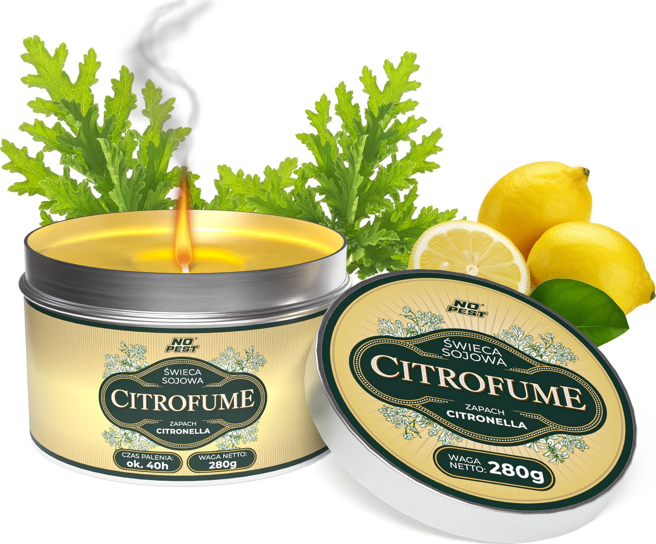 Świeca Zapachowa Sojowa 280g z Olejkiem Citronella 3% o Zapachu Świeżych Cytryn 40H palenia "Citrofume"