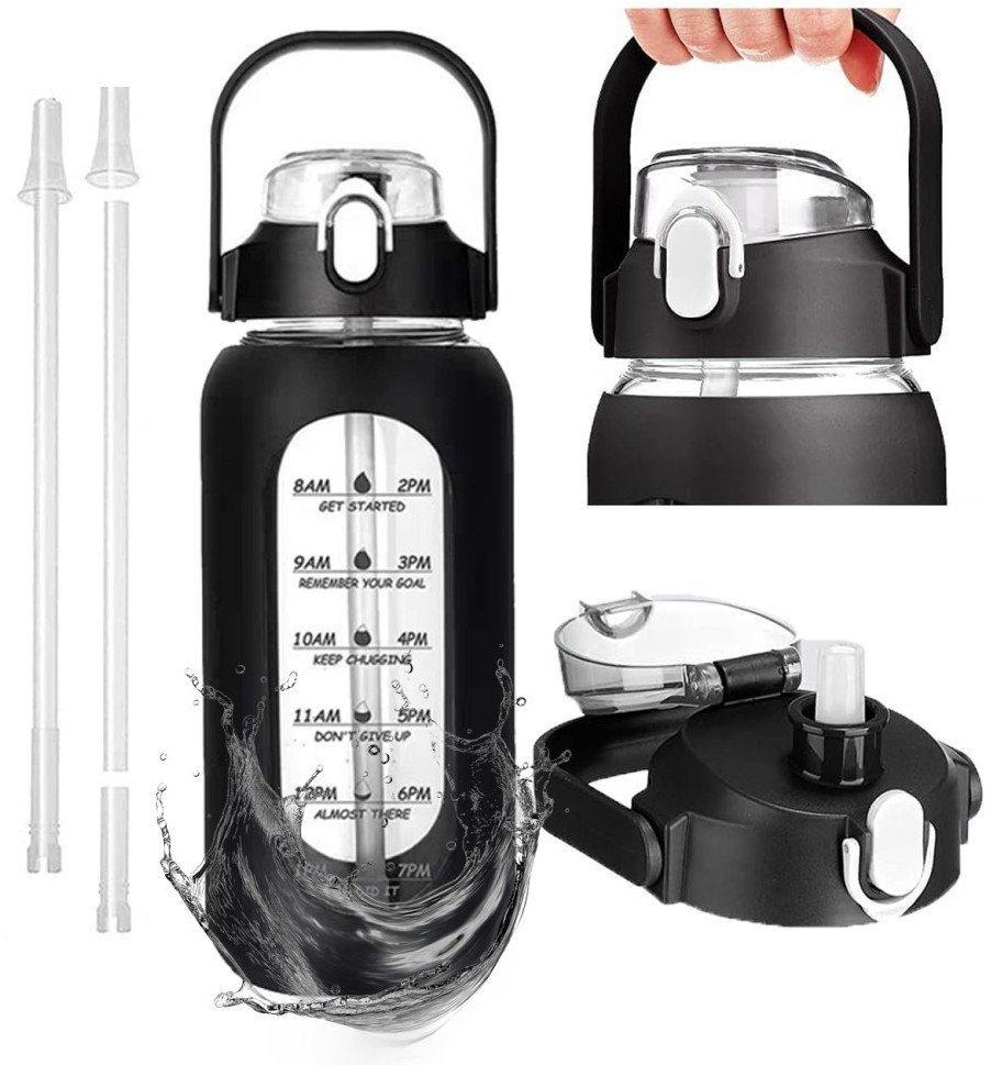 Szklana butelka na wodę 950 ml ze słomką Supero, czarna