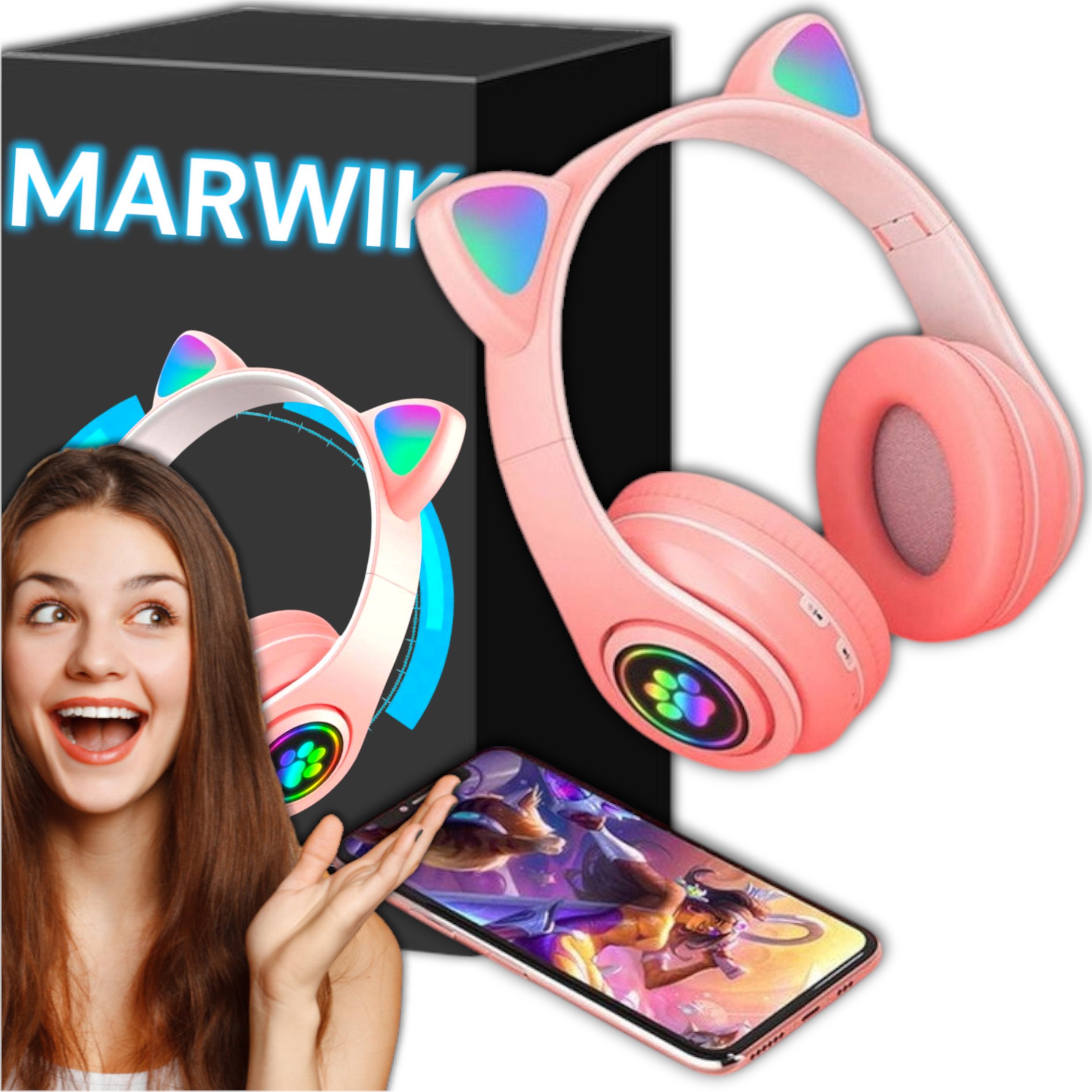 SŁUCHAWKI BEZPRZEWODOWE DLA DZIECI BLUETOOTH NAUSZNE KOCIE USZY ŚWIECĄCE 8H