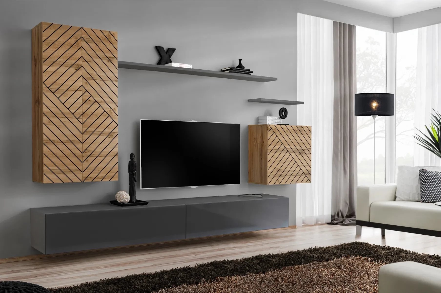 Meblościanka SWITCH LAMEL II dąb wotan/szara ASM Meble