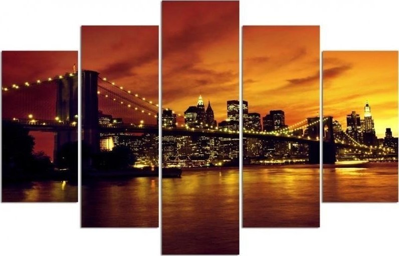 Feeby Obraz 5 częściowy na płótnie, Brooklyn Bridge i Manhattan o zachodzie słońca - 100x70