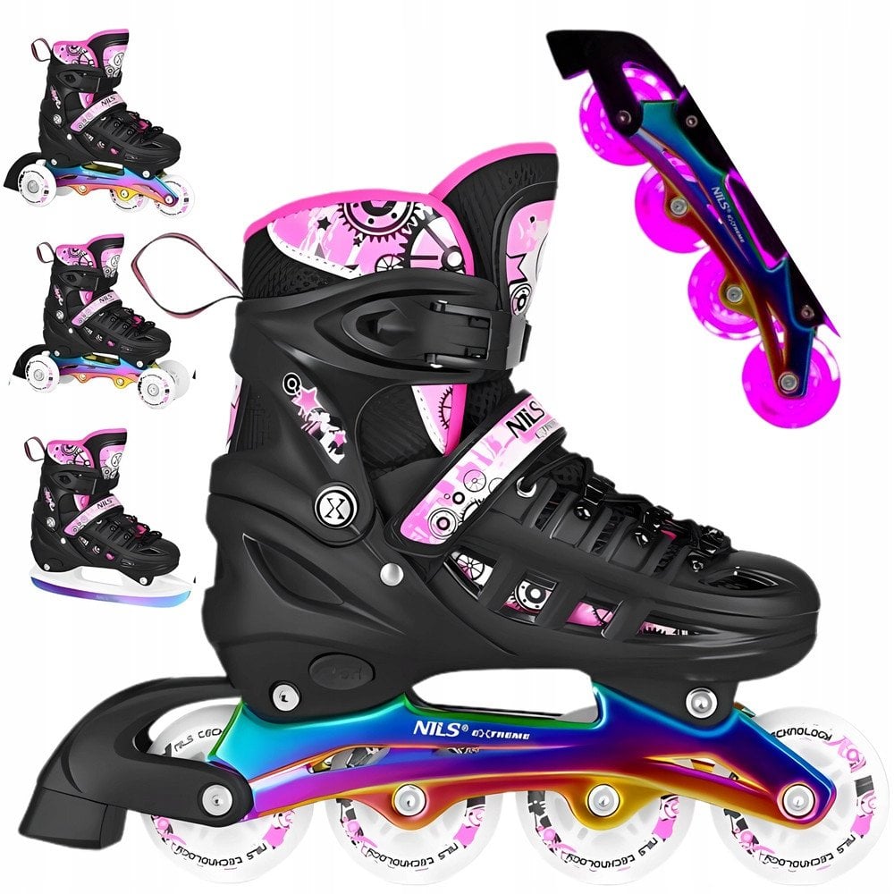 NH10905 4w1 ŁYŻWOROLKI LED RÓŻOWE Z WYM. PŁOZĄ HOKEJOWĄ RAINBOW ROZM. M(35-38) NILS EXTREME