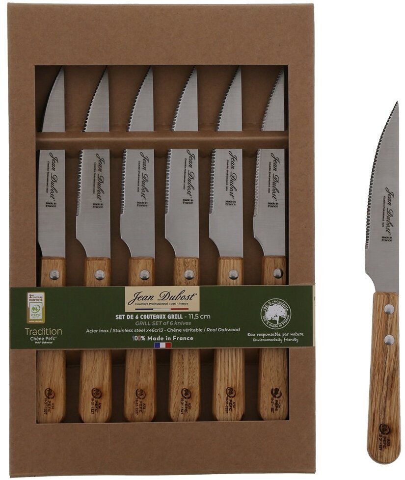 6 noży do mięsa - drewno dębowe - opakowanie kraft / Jean Dubost