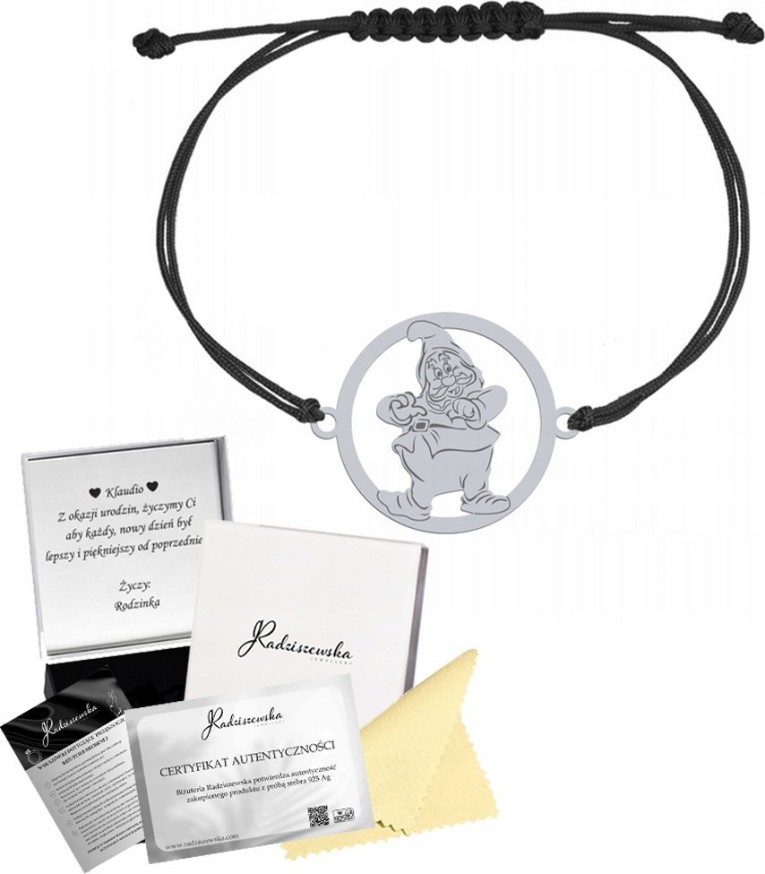 Radziszewska Jewellery Bransoletka Srebrna z Krasnalem Sznurek Biżuteria Prezent GRAWER GRATIS