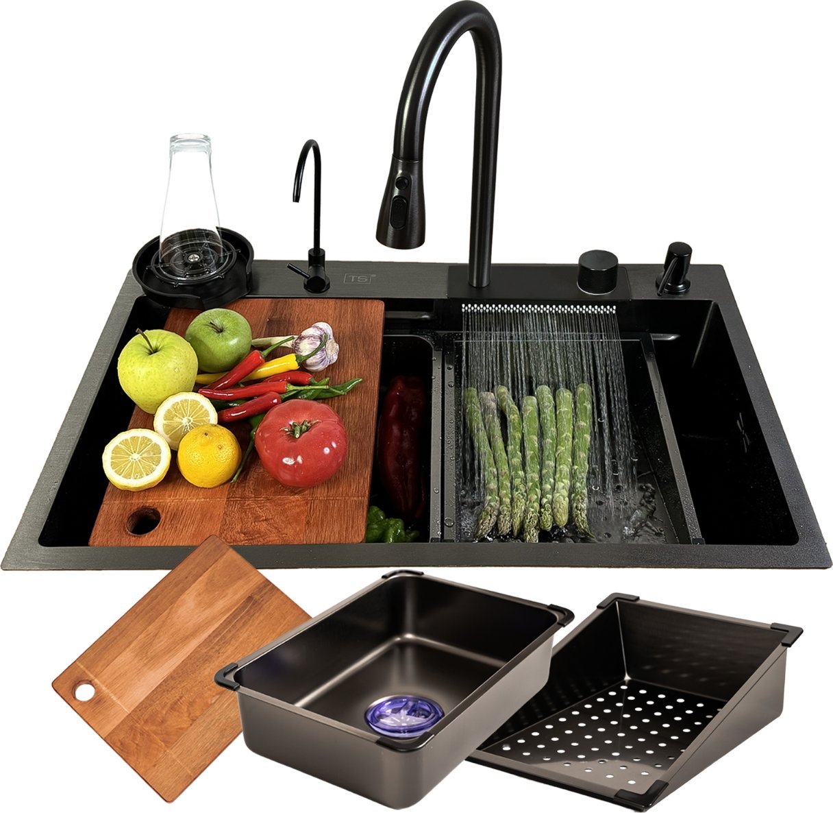 Zlewozmywak KUCHENNY JEDNOKOMOROWY z WODOSPADEM WIELOFUNKCYJNY + BATERIA TG-KS-68-W