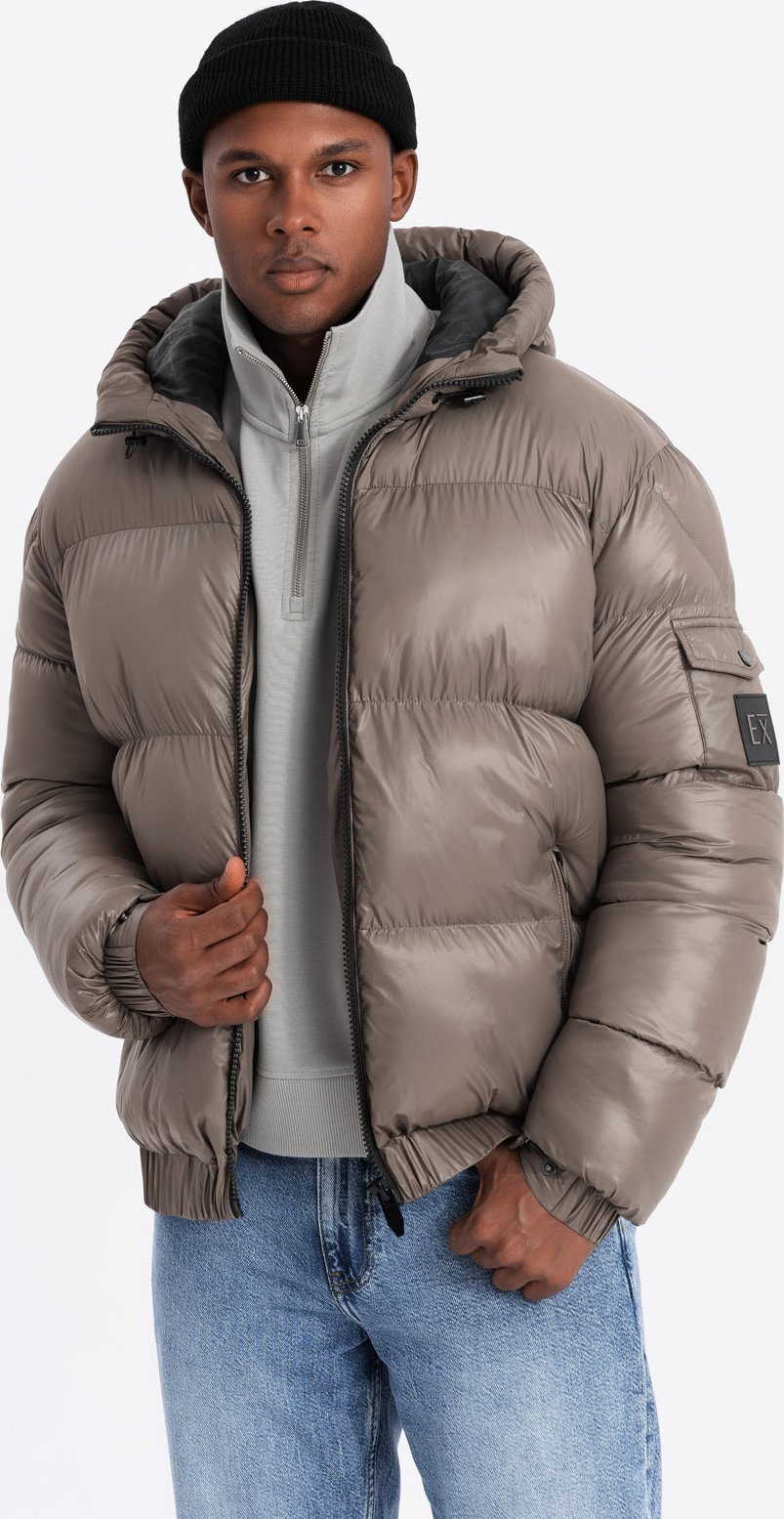 Kurtka męska Ombre Ciepła męska kurtka puffer ze ściągaczami ciemnobeżowa V3 OM-JAHP-0207 S