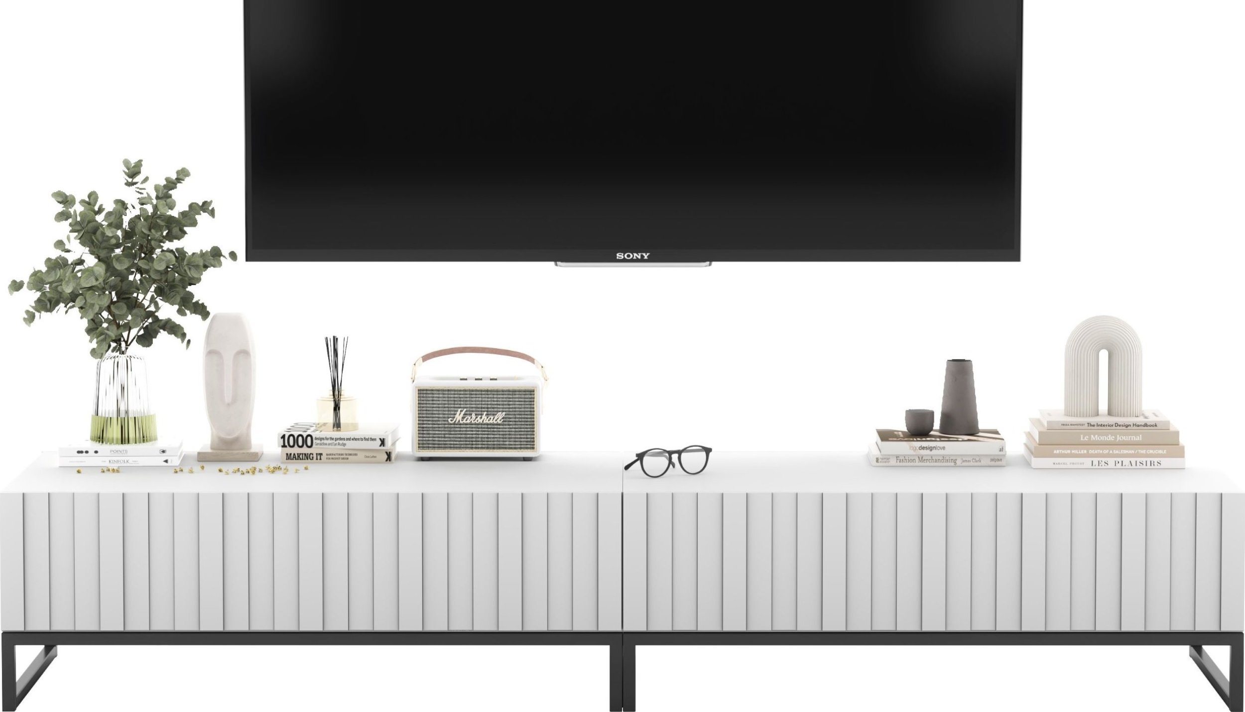 Meble Lindner Meble Lindner Szafka RTV Glamour Komoda RTV Meble Lindner Stolik Biały Mat Ryflowane Fronty 220 cm Czarna Rama Loft