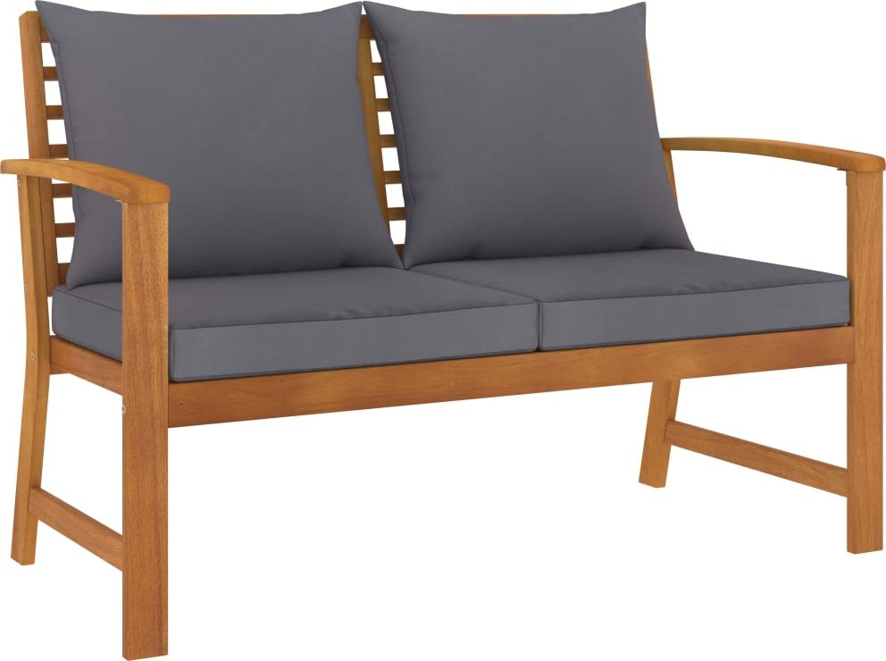 vidaXL Ławka ogrodowa, 120 cm, ciemnoszare poduszki, drewno akacjowe